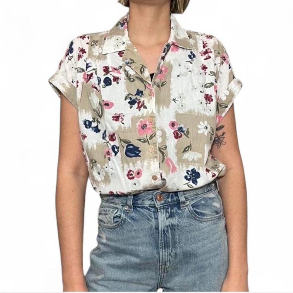 Floral Button Down Shirt in Cream and Pink